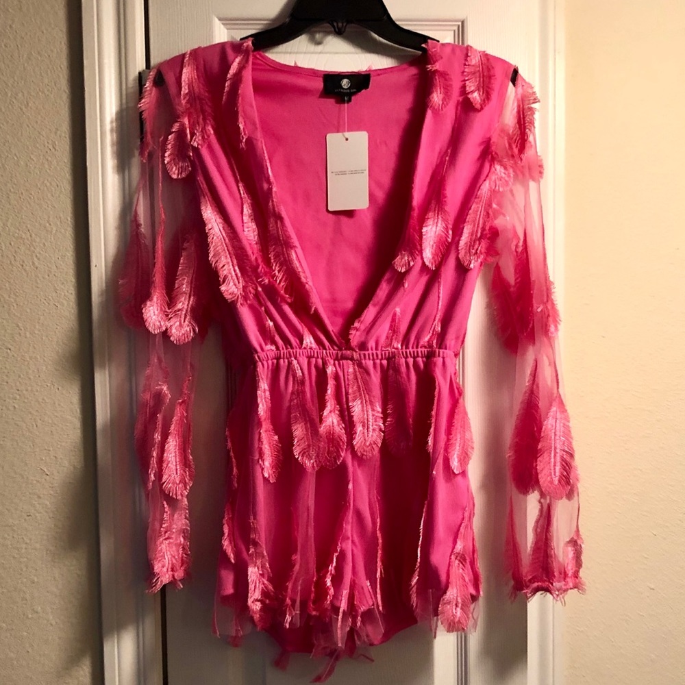 Stretchy hot pink feathered romper